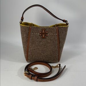 Tory Burch Small Felt bucket bag McGraw Brown  Handbag with Leather Accents